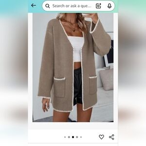 Tan Open Front Cardigan with White Trim